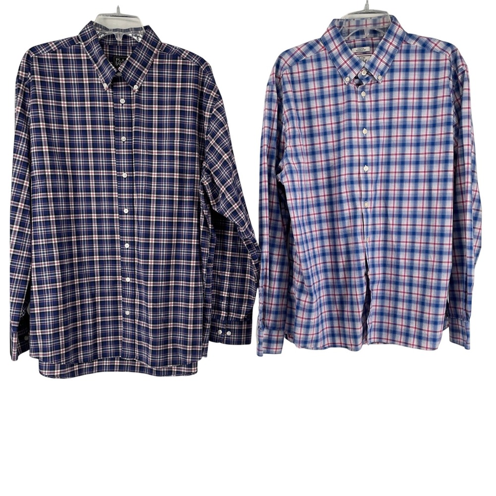 2-Jos. A. Bank Button Down Shirts Mens XL Blue Plaid‎ Traveler 1905 Stretch